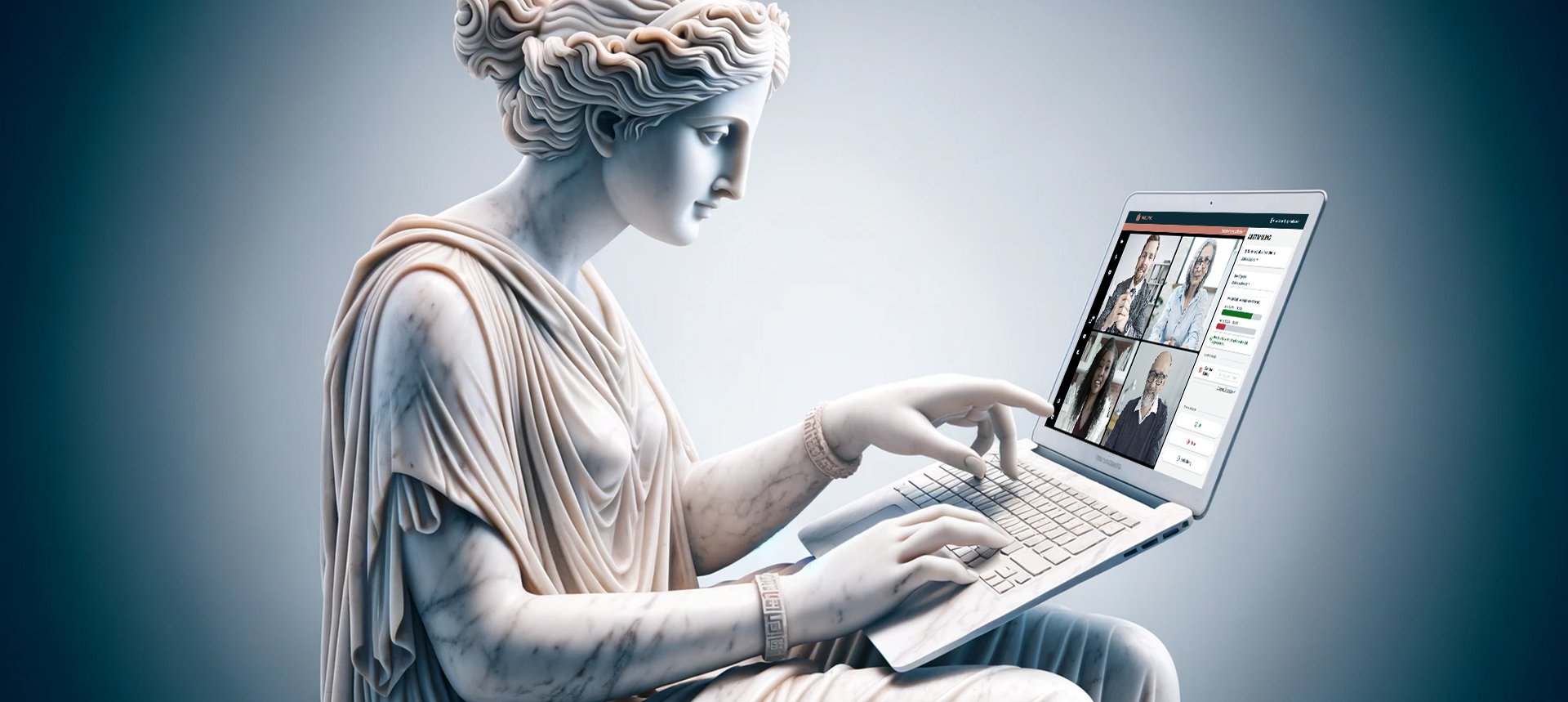 Eine Statue aus Marmor bedient einen Laptop mit einer online Versammlung mit der Software Vulcavo und virtuellen Teilnehmern in einer Videokonferenz